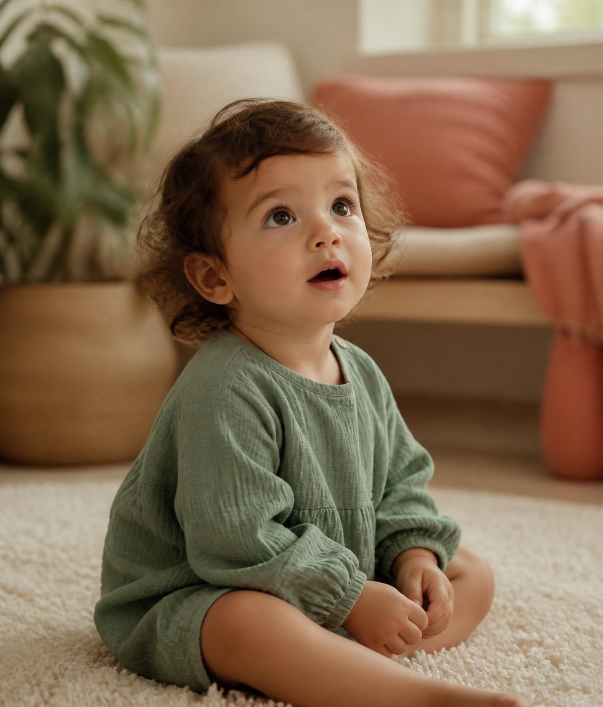 A curious toddler looking up, about to speak.
